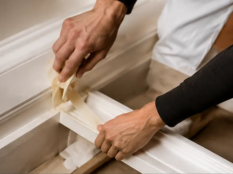 Masking tape being pressed along the edge of white baseboard trim before painting.