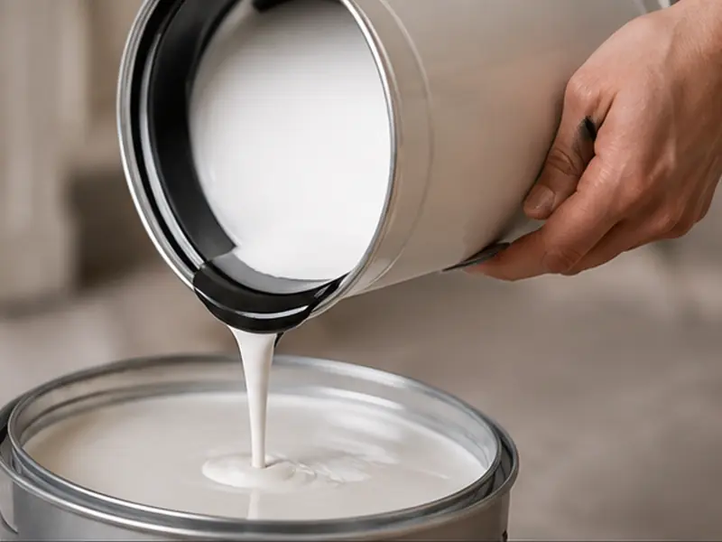 White primer being poured from one tin into another.